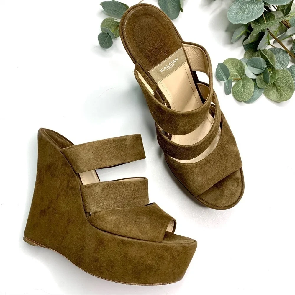 Baldan Tan Brown Suede Platform Wedge Sandals Slide On Mule Designer